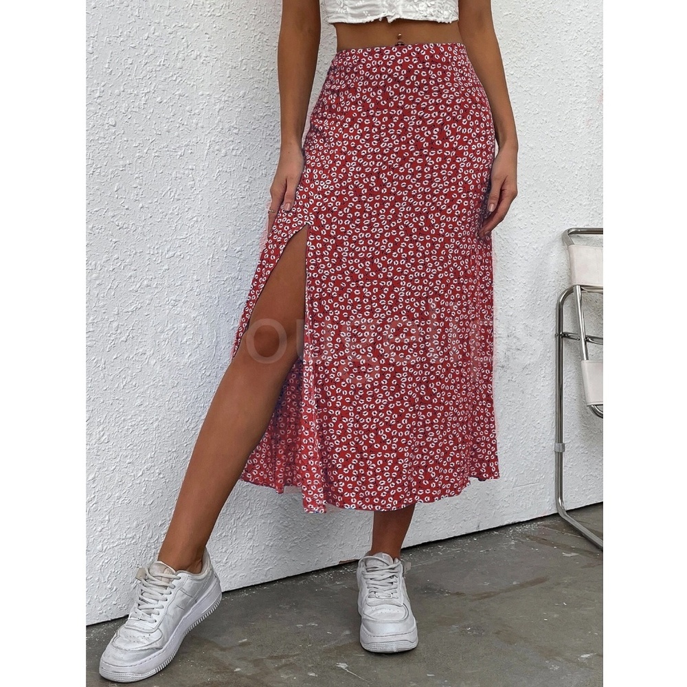 Floral White on Berry Red Midi Wrap Skirt A-line, Leg Slit